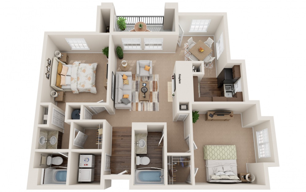 Phoenix - 2 bedroom floorplan layout with 2 baths and 1277 square feet.