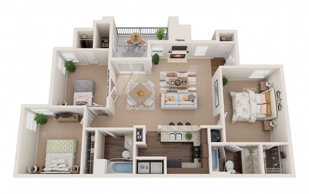 Regency - 3 bedroom floorplan layout with 2 baths and 1400 square feet.